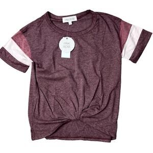 Pink Rose Juniors' Striped-Sleeve Plum Twist-Front T-Shirt - Size Small - NWT